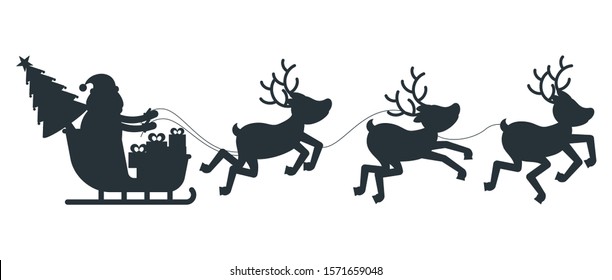 Silhouette of Santa Claus sleigh and reindeer harness. Greeting card for Merry Christmas and Happy New Year. Illustration for flyer and booklet, brochure and website.
