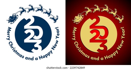Silhouette of Santa Claus in sleigh with reindeer above 2023 number. Vector template for greeting card, poster, invitation 