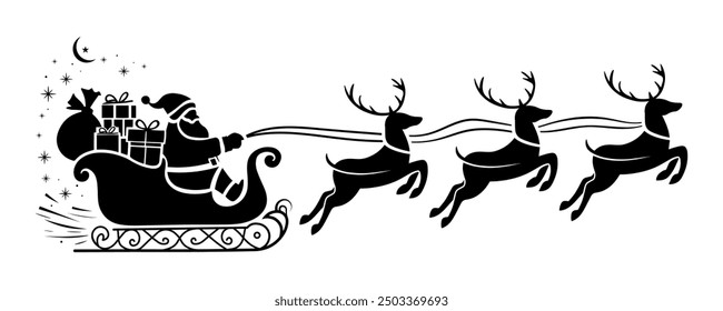 Silueta de Santa Claus en trineo con renos y regalos - Vector festivo de Navidades felices