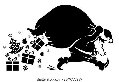 Silhouette of Santa Claus walks quickly with a sack from which gifts fall out. Christmas vector on transparent background