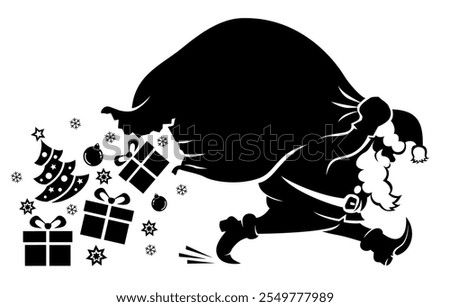 Silhouette of Santa Claus walks quickly with a sack from which gifts fall out. Christmas vector on transparent background