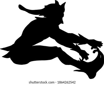 Silhouette of a Santa elf jumping forward. Vector illustration.