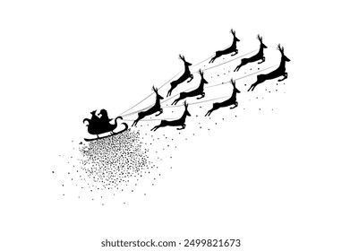 Silhouette of Santa flying in his sleigh. Christmas element hand drawing. Not AI, Vector illustrations.