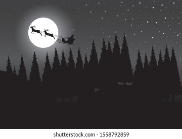 silhouette of a Santa is flying in night sky on a full moon in black and white illustration