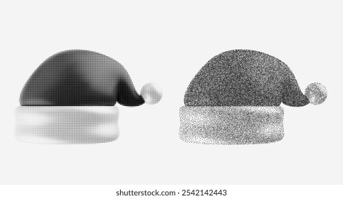 Silhouette santa hat in monochrome halftone or grainy stippling style. Set retro graphic element with photocopy grunge effects. Pop art vector illustration.