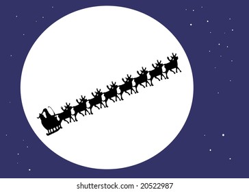 silhouette of Santa and his 8 tiny reindeer flying in front of the moon on Christmas eve with stars!
