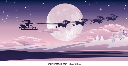 Silhouette of Santa and his reindeer flying through the air over winter scene.