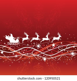 Silhouette of a santa on a sledge harnessed by magic deers flying on the red background.