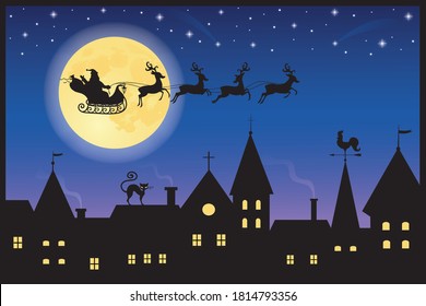 Silhouette of a santa on a sledge harnessed by magic reindeer flying over a town. Full moon and stars on the background. 