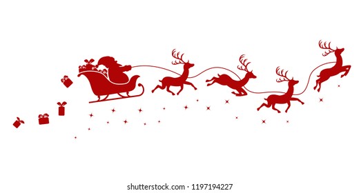 Silhouette of Santa on a sleigh flying with deer and throwing gifts on a white.