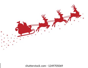 Silhouette of Santa on a sleigh flying with deer and throwing gifts on a white.