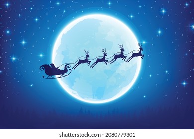 The silhouette of Santa and reindeer are flying in the night sky, Abstract background Scenic Christmas landscape with big moon against snow falling and glittering star