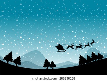 Silhouette Santa and reindeer flying on a snow night