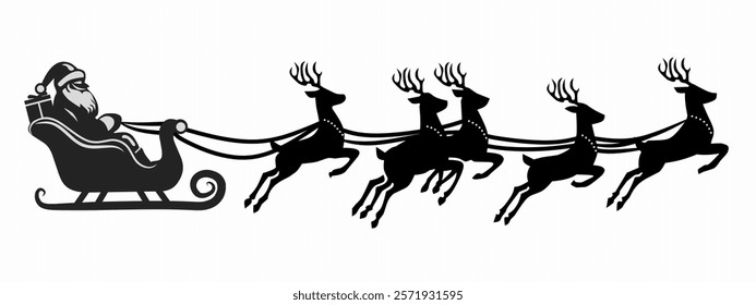 silhouette of santa riding reindeer sleigh, santa illustration on white background 