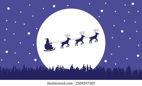 Silueta de Santa montando trineo con ciervos sobre el bosque iluminado por la luna. Navidades tema y Vector de ilustración de invierno