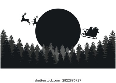 Silhouette of Santa in sleigh pulled by reindeer over forest trees under full moon