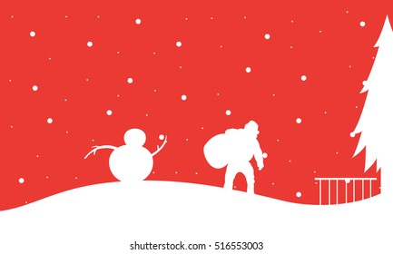 Silhouette of Santa with snowman Christmas