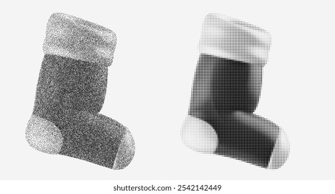 Silhouette santa sock in monochrome halftone or grainy stippling style. Set retro graphic element with photocopy grunge effects. Pop art vector illustration.