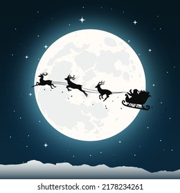 Silhouette of Santa's sleigh and reindeers on full moon background. Cartoon vector illustration. Fairytale, magic Christmas card design.