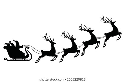 Silhouette of Santa's sleight being pulled by 4 reindeer