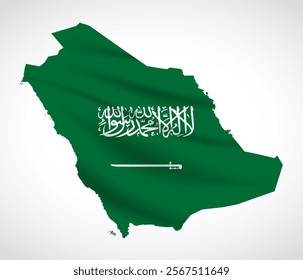 Silhouette of Saudi Arabia map filled with the Saudi flag design, symbolizing national pride, cultural heritage, and geographic identity.  
