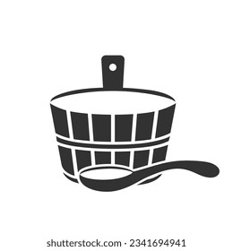 Silhouette sauna icon emblem. Outline icon of wooden tub, bath ladle. Classic accessory for Russian banya. Black simple illustration of spoon, bucket. Flat isolated vector pictogram