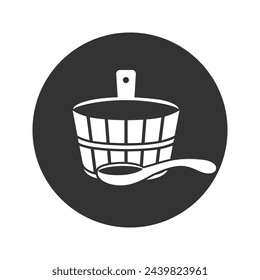 Silhouette sauna icon emblem. Outline icon of wooden tub, bath ladle. Classic accessory for Russian banya. Black simple illustration of spoon, bucket. Flat isolated vector pictogram