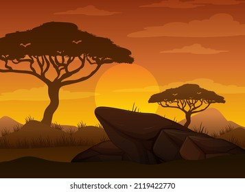 Silhouette savanna forest at sunset time illustration