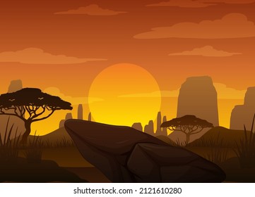 Silhouette savanna forest at sunset time illustration