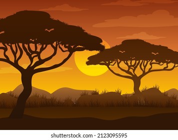 Silhouette savanna forest at sunset time illustration