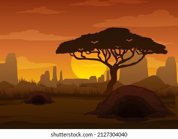 Silhouette-Savanne-Wald bei Sonnenuntergang