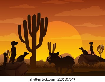 Silhouette savanna forest with wild animals illustration