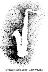 Silhouette of saxophone with grunge black splashes.