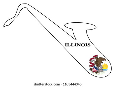 Silhouette of a saxophone with an impression the flag of the USA state of Illinois over a white background