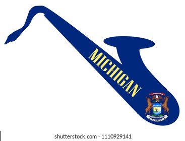 Silhouette of a saxophone with an impression the flag of the USA state of Michigan over a white background
