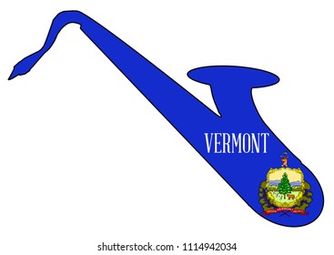 Silhouette of a saxophone with an impression the flag of the USA state of Vermont over a white background