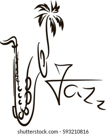 Silhouette of saxophone isolated. Musical instrument for decoration, design. Abstract saxophone for logo, icon, jazz festival, music shop. Vector illustration