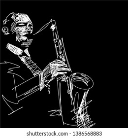 Silhouette of saxophone player. Hand drawn jazz illustration. Black and white musical sketch. Monochrome drawing. Vector isolated contour. Grattage style.