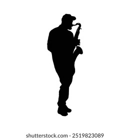 Silhouette of a saxophone player performing isolated