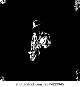 silhouette saxophonist on a black background for any print fabric