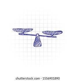 silhouette of scale, simple symbol. Hand drawn sketched picture with scribble fill. Blue ink. Doodle on white background