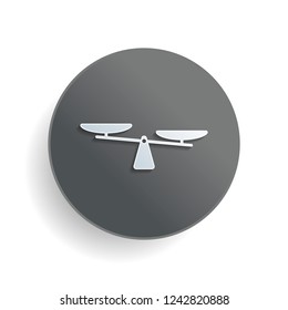 silhouette of scale, simple symbol. White paper symbol on gray round button or badge with shadow