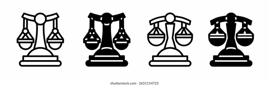 Silhueta de escalas da ilustração do ícone da justiça no fundo branco. Escalas de ícone da justiça definidas para negócios. Vetor de estoque.