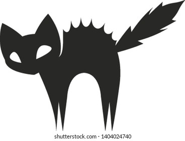 Silhueta de um gato preto assustado com espinho-como volta, cauda macia levantada diagonalmente, orelhas de triângulo, e quatro patas, conjunto isolado no fundo branco, vetor, desenho a cores ou ilustração.