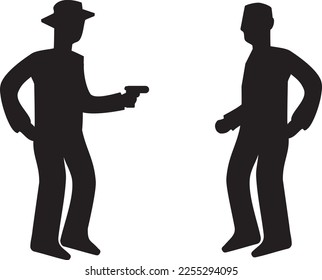Silhouette of a scared man with a gun pointed at him