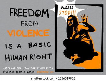 Silhouette scared woman with slogan and name of event on dark gray paper pattern background. Campaign poster of International day for the elimination of Violence Against Women in vector design