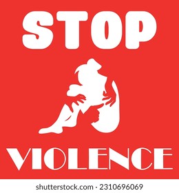 Silhouette of scared woman and text STOP VIOLENCE on red backgro