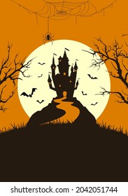 Silhouette scary castle on orange background with Moon. Holiday card with bats and spiders. Illustration for holiday cards, invitations, banners, templates