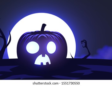 Silhouette of scary pumpkin, zombie hand on moon and fog background. Halloween party graphics design. Vector illustration