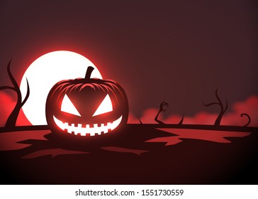 Silhouette of scary pumpkin, zombie hand on moon and fog background. Halloween party graphics design. Vector illustration